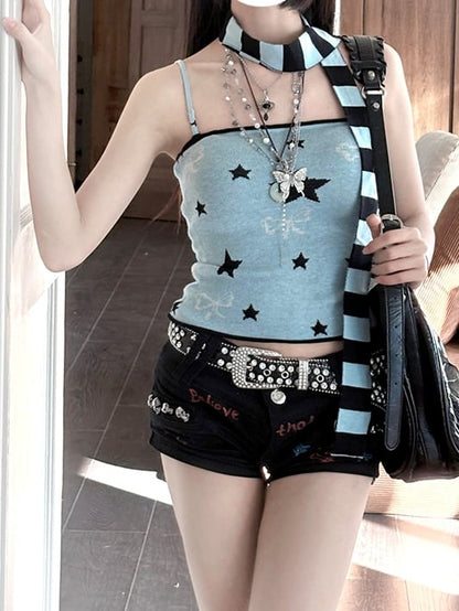 Striped Scarf Y2K Blue Star and Bow Print Cami Top with