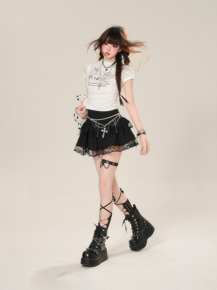T-Shirt White Kitty Print Glamorous Slim-fitting