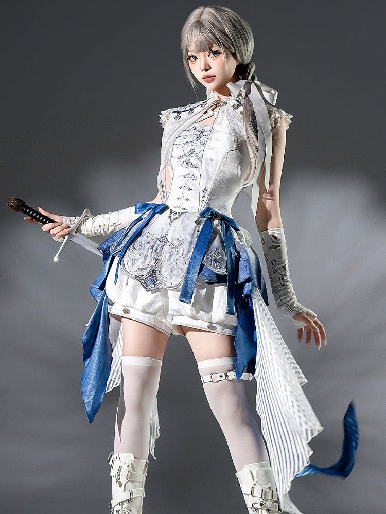 Lolita Handkerchief White Skirt with Blue Dragon And Neck Dress Straps Print Layered Crisscross Gothic Bone