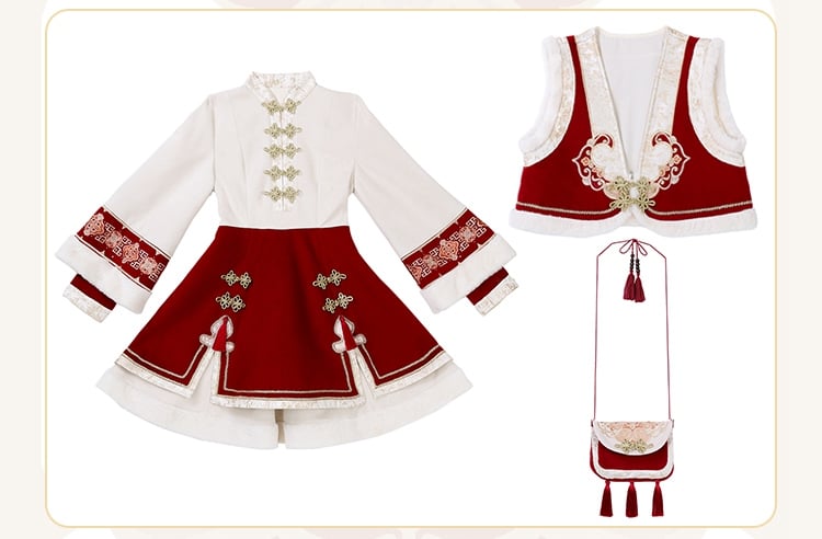 Red New Year Knot Buttons Banded Collar Lolita Dress  Vest Tassels Crossbody Bag Full Set