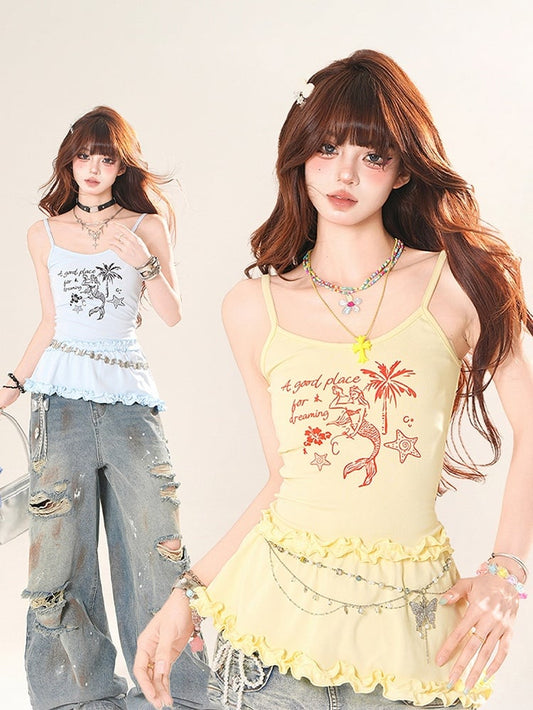 Mermaid Print Ruffle Trim Cami Top Yellow/Blue