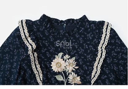 Dark Blue Floral Ruffle Neckline Mori Kei Floral Dress