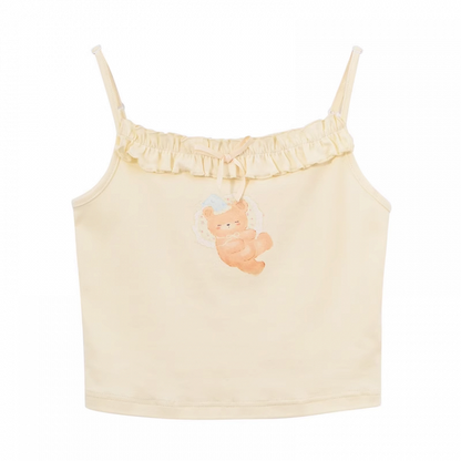 Entzückendes Cami-Top mit Bären-Print und hellgelbem Rüschenausschnitt