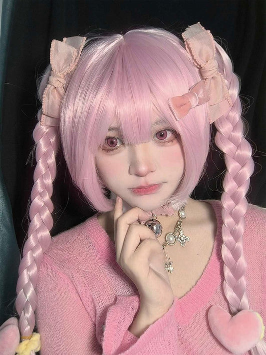 Full Clips 30CM Wig Pink + Short Ponytail With 55CM Bangs Claw Straight Double Braided