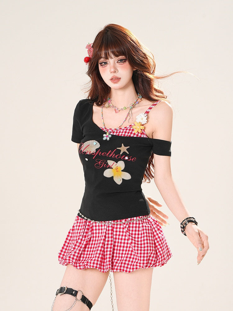 Faux Two-pieces T-Shirt Asymmetrical Neckline Floral Accents White/Black