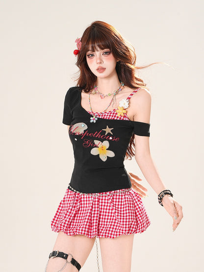 Faux Two-pieces T-Shirt Asymmetrical Neckline Floral Accents White/Black