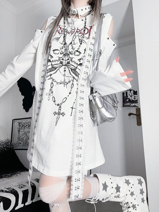 Punk And Shoulder Skeleton Letter Top Long Cutout White Emo Print Sleeves