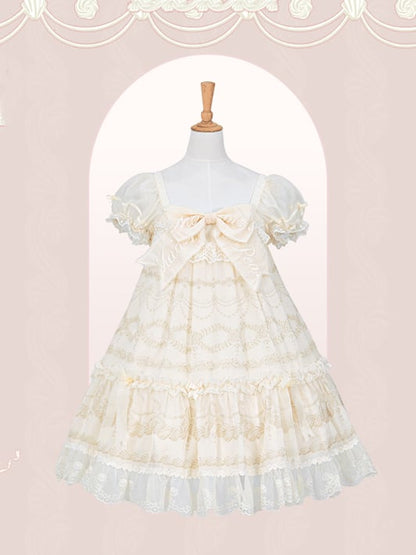 Sleeves Embroidered Print Bow Cream Neckline Dress Puff Lolita White Big Creamy