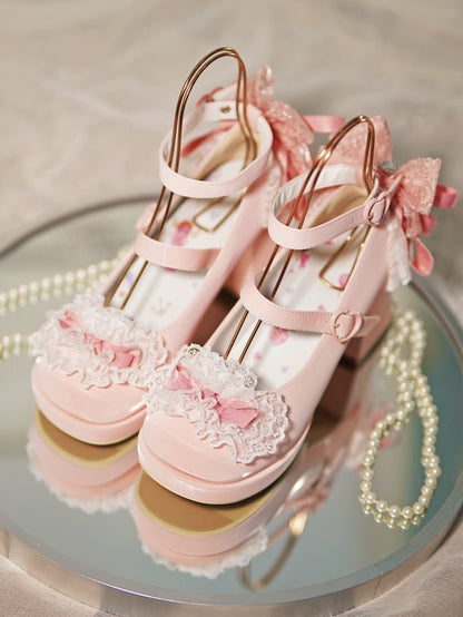 Pink High Trim Lace Heels Heart Top Bow at Block Buckles Knotted