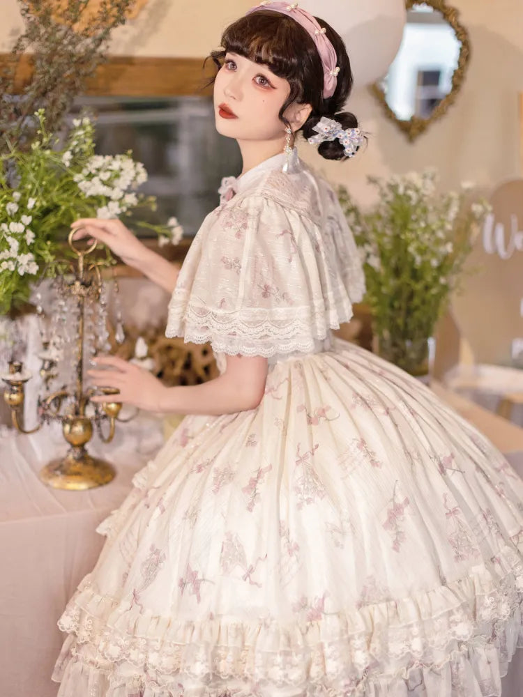 Dress Lolita Classic Elegant Beige Bluebell Neck Floral Edward Print