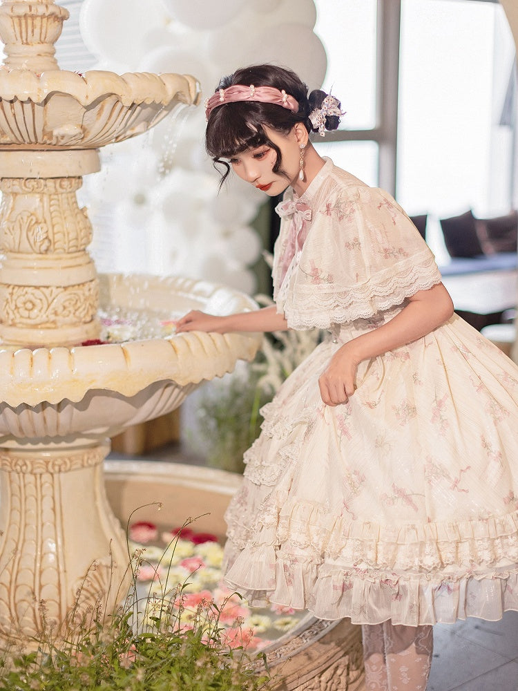 Elegant Dress Bluebell Neck Edward Beige Print Classic Floral Lolita