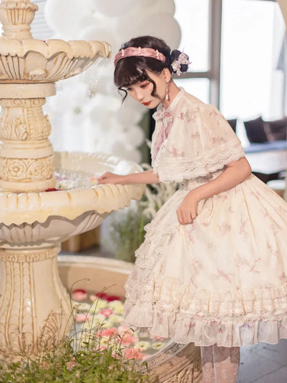 Dress Lolita Classic Elegant Beige Bluebell Neck Floral Edward Print