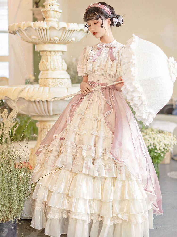 Set Classic OP Full Neck Beige Print Elegant Lolita Bluebell Edward Dress