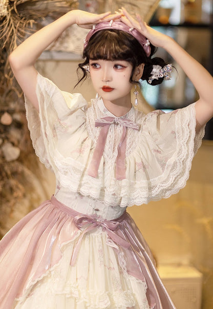 Elegant Dress Bluebell Neck Edward Beige Print Classic Floral Lolita