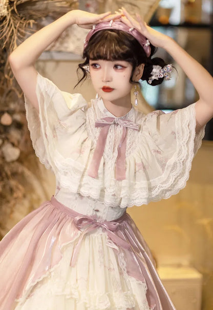 Dress Lolita Classic Elegant Beige Bluebell Neck Floral Edward Print