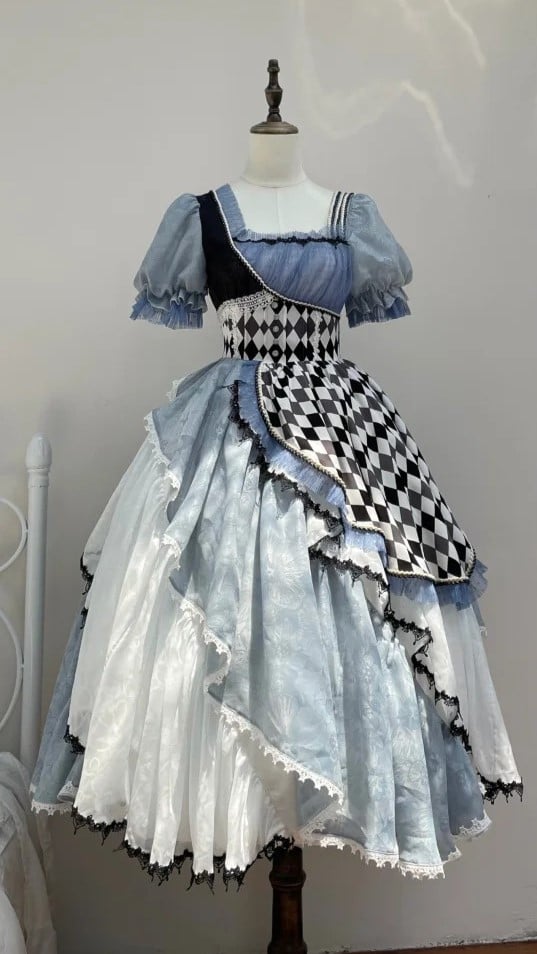 Blue Asymmetrical Checkerboard Lolita Dress Alice in Wonderland Vibes Long Version