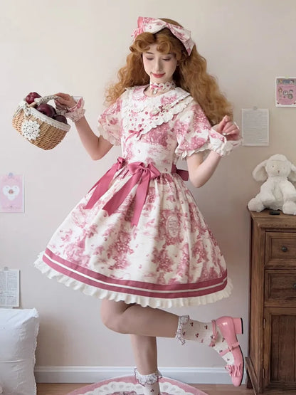Peter Lolita Pink Dress Sleeves Short Print Grapes Collar Pan