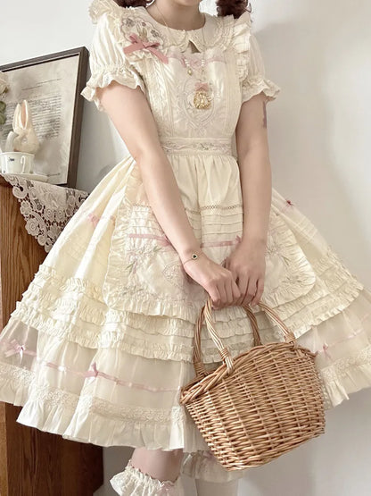 Lolita Pink Beige Peter Dress Cotton Bow and Collar Accents Pan