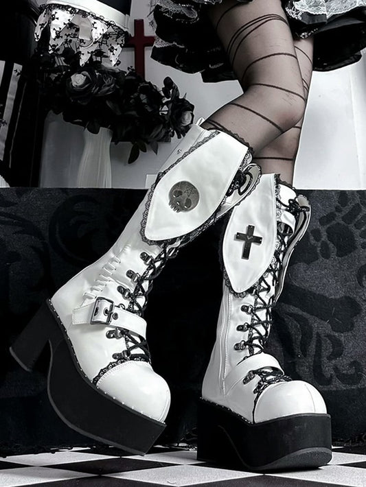 White & Black Punk Bunny Ear Detail Gothic Platform Block Heel Boots