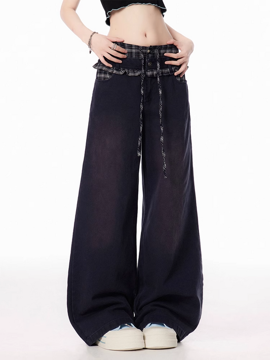 Plaid Patchwork Waist Black Low Rise Wide-leg Jeans