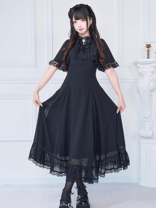 Langes Kleid mit Spitzenbesatz und kostenloser Schleifenbrosche, Jirai Kei, ganz in Schwarz