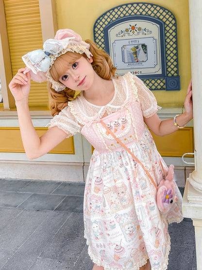 Sweet Lolita Dress Jumper Pink Flutter Sleeves Kitten and Cake Print Skirt