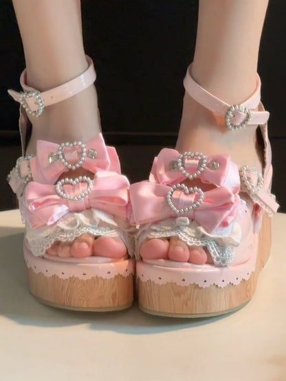 Heart Gyaru Beaded - Bow Wedge Pink Accents Platform Buckles Hime Sandals