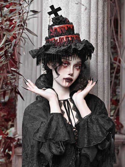 Schwarzer abnehmbarer Hut Goth Roter Schleier und mit Halloween