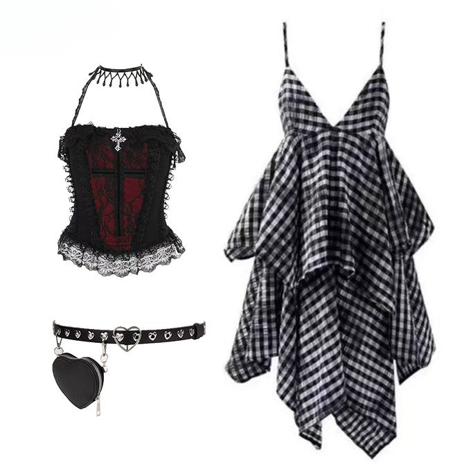 Glamorous Tiered Cross Top Plaid Details Bittersweet + Red Skirt Dye Black Tie Set- Dress Cami