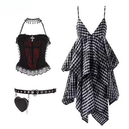 Glamorous Tiered Cross Top Plaid Details Bittersweet + Red Skirt Dye Black Tie Set- Dress Cami
