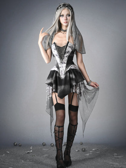 Futuristic Black Basque Waist Metal Y3K Hooded Dress Handkerchief Hem Chains Cyberpunk Fashion Front