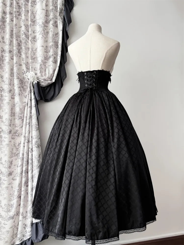Schwarzer Korsett-Taillenrock mit Knochen und hoher Taille, Aristokratischer Gothic-Lolita-Rock