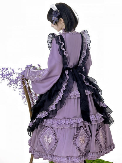 Delicate Butterfly Apron Lolita Dress Black Set Purple Han and Embroidery Full Floral +