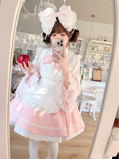 Pink & White Sakura Jirai Kei Full Set-Bell Sleeves Top+Puff Skirt+Apron Cherry Blossom Festival Wa Style Outfit