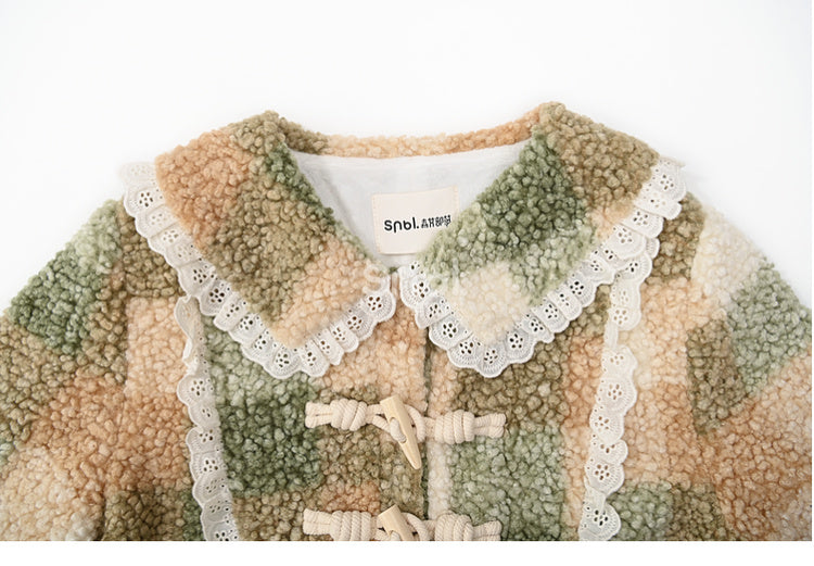 Green Polo Collar Lace Trim Plaid Fleece Coat
