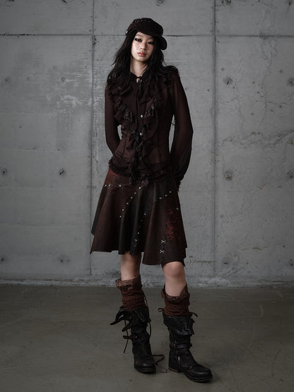 Asymmetrical Skirt Punk Reddish with Embroidery Wasteland Hem Brown Floral Suede