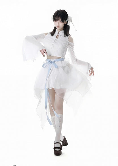 Sleeves Cropped Top White Cheongsam Collar Cutout Shoulder Bell