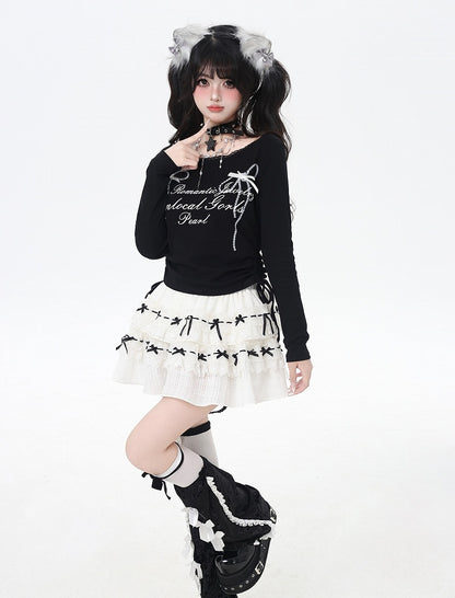 Bowknot Print Lace Sweet Top Trim Drawstring Waist White/Black