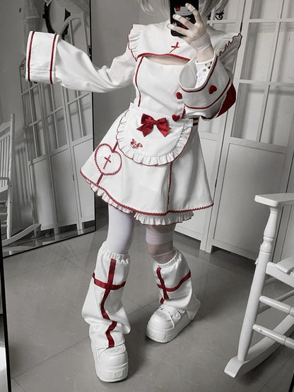 Maid Set: Halloween-themed Embroidery Buttons Cross Heart White Red Dress with + Kawaii Shorts Yami