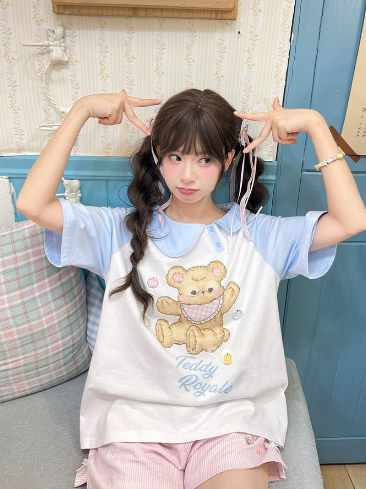 Blue and White Asymmetrical Peter Pan Collar Bear Print T-Shirt Long Version