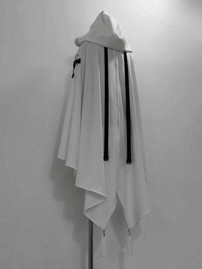 Cape Ouji and Cyberpunk High-low with White Lolita Hem Futuristic Buckle Straps Hooded
