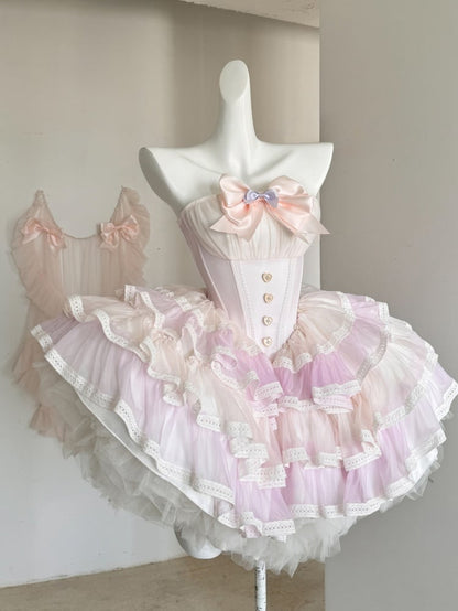 Pink Balletcore Boned Waist Strapless Puffy Dress