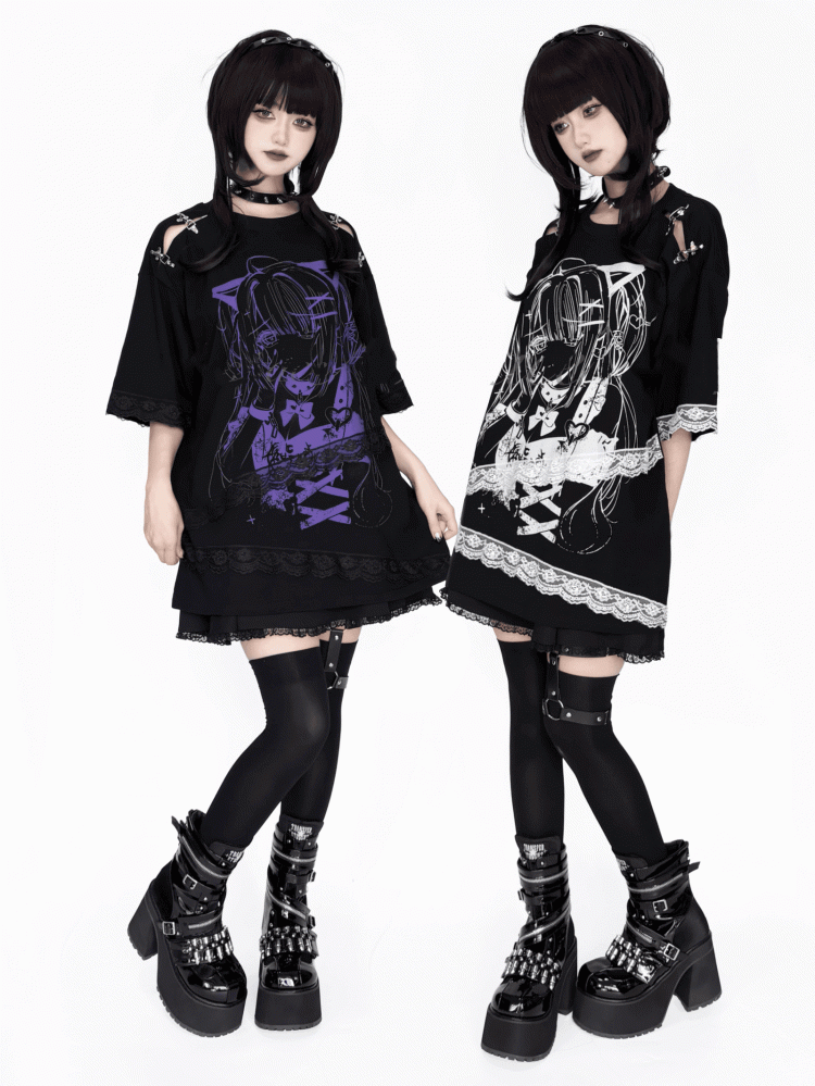 and Fastener Shoulder Anime Girl Graphic T-Shirt Black Decorative Black White / with Lace Embellishment Purple