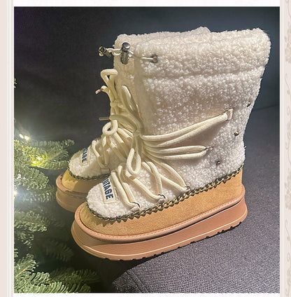 Camel Heel Plush Platform Boots