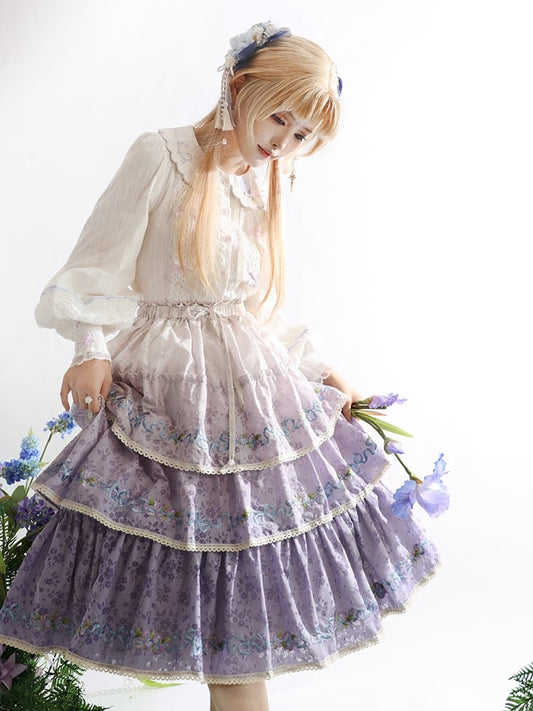 Ombre Violet Tiered Skirt Iris Embroidery Delicate