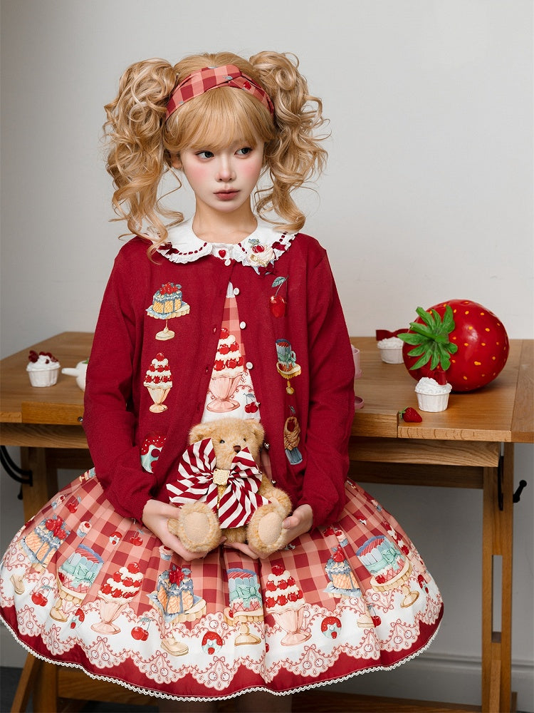 Red Long Sleeves Dessert Print Cardigan