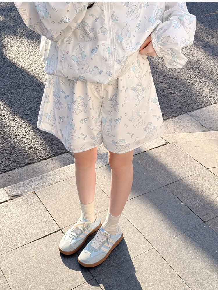 White Elastic Waist Shorts Allover Kitty Print
