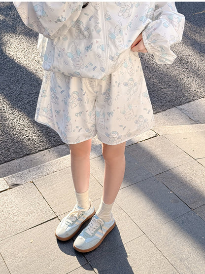 White Elastic Waist Shorts Allover Kitty Print