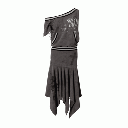 Asymmetrical Neckline Gray/White Wasteland Punk Distressed Dress