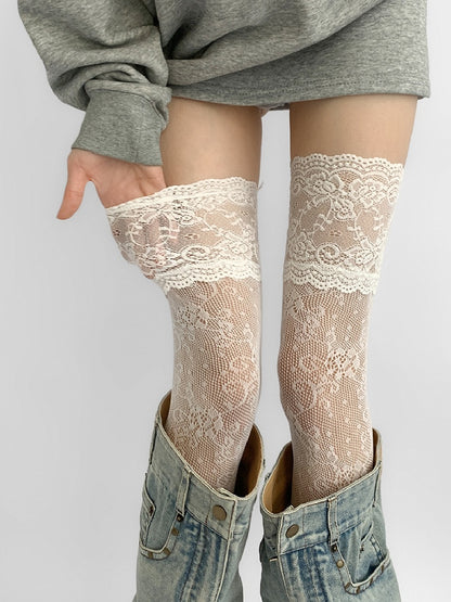 Lace Stockings Gray/White/Brown/Blue/Black Trim Over-knee Hollow-out Design